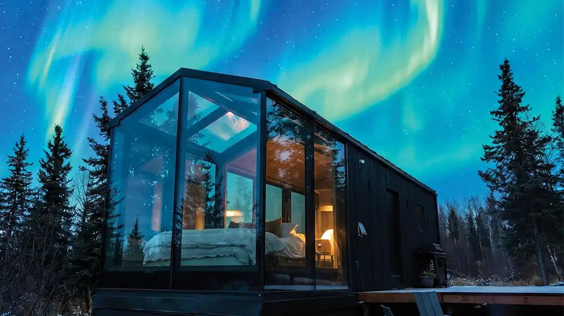 Black cabin with a glass gabled front and a lit bed inside, ringed by spruce trees beneath teal northern lights.