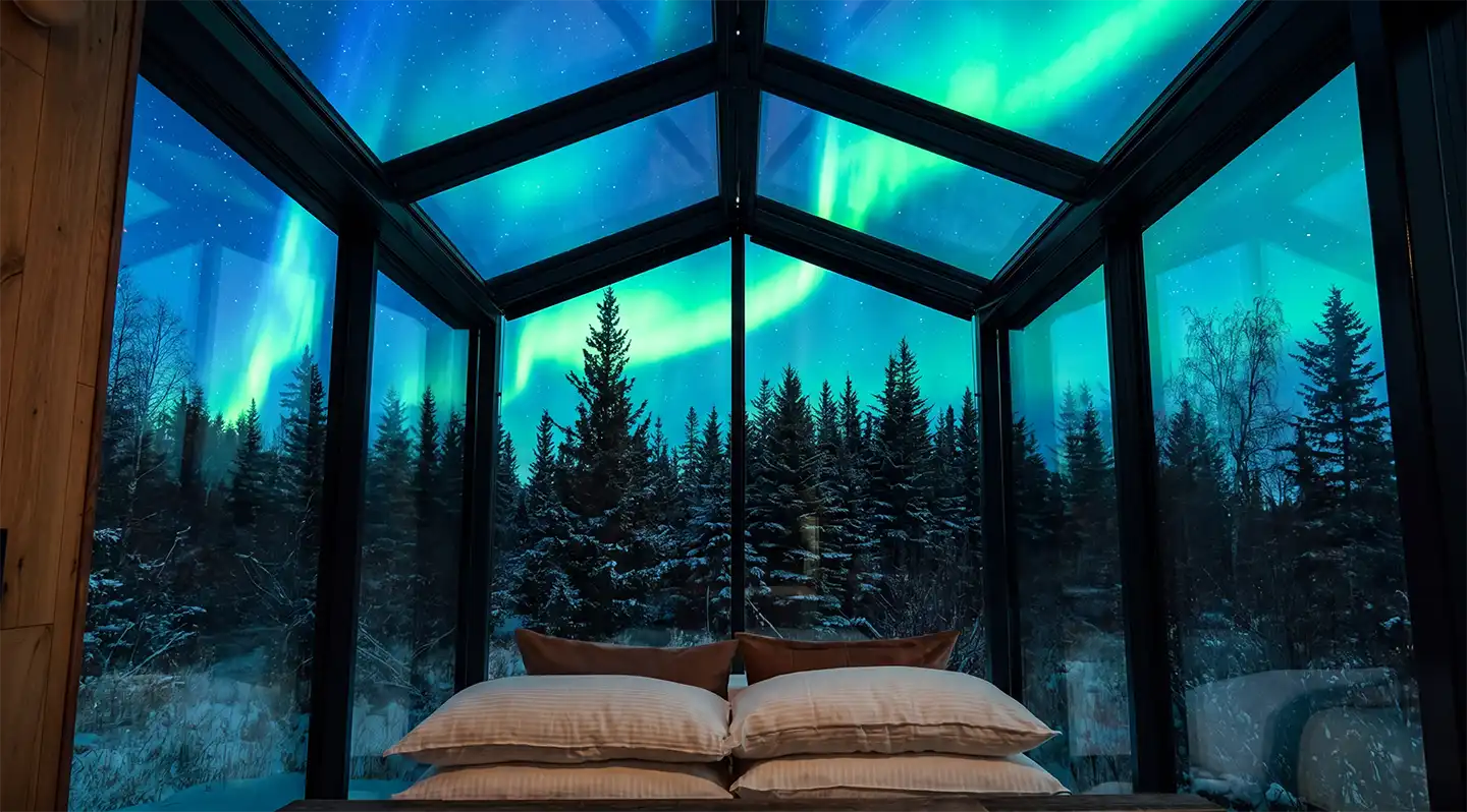 View from a bed inside a glass cabin looking out at northern lights above snow-covered spruce trees