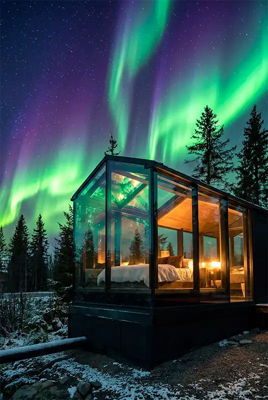 Glass-walled cabin glowing warm at night in a snowy spruce forest, under green and purple northern lights.