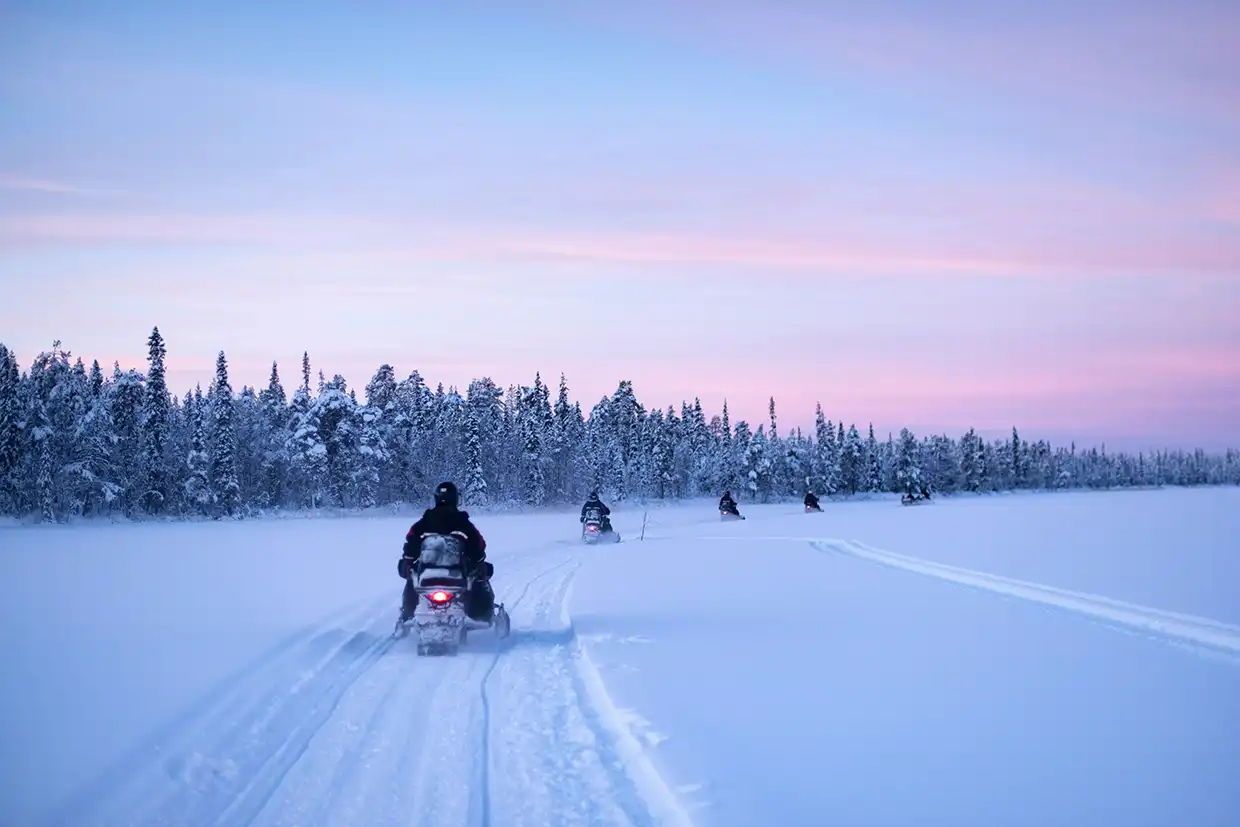 Line of snowmobiles riding across a snowfield toward a snow-covered forest under a pink dusk sky